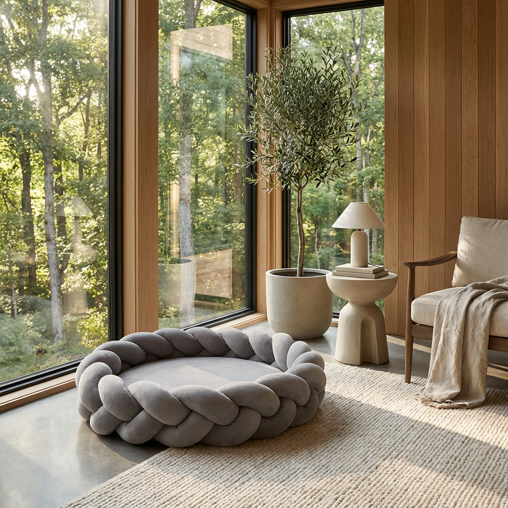 Petloom cozy braided cloud pet bed calming plush bed for dogs and cats
