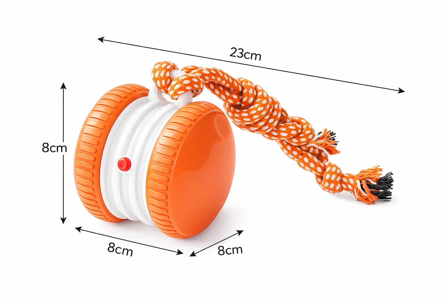 Orange and white toy with a rope, showing measurements on a white background