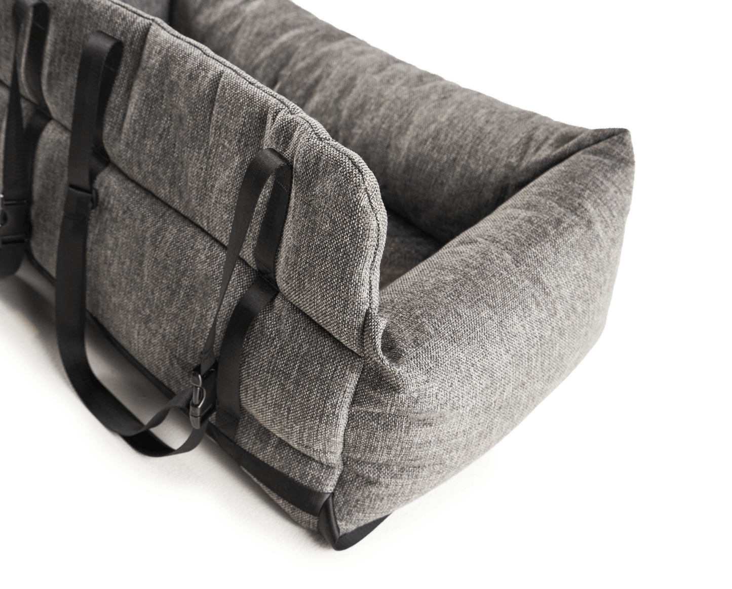 Gray fabric bag with black straps on a white background