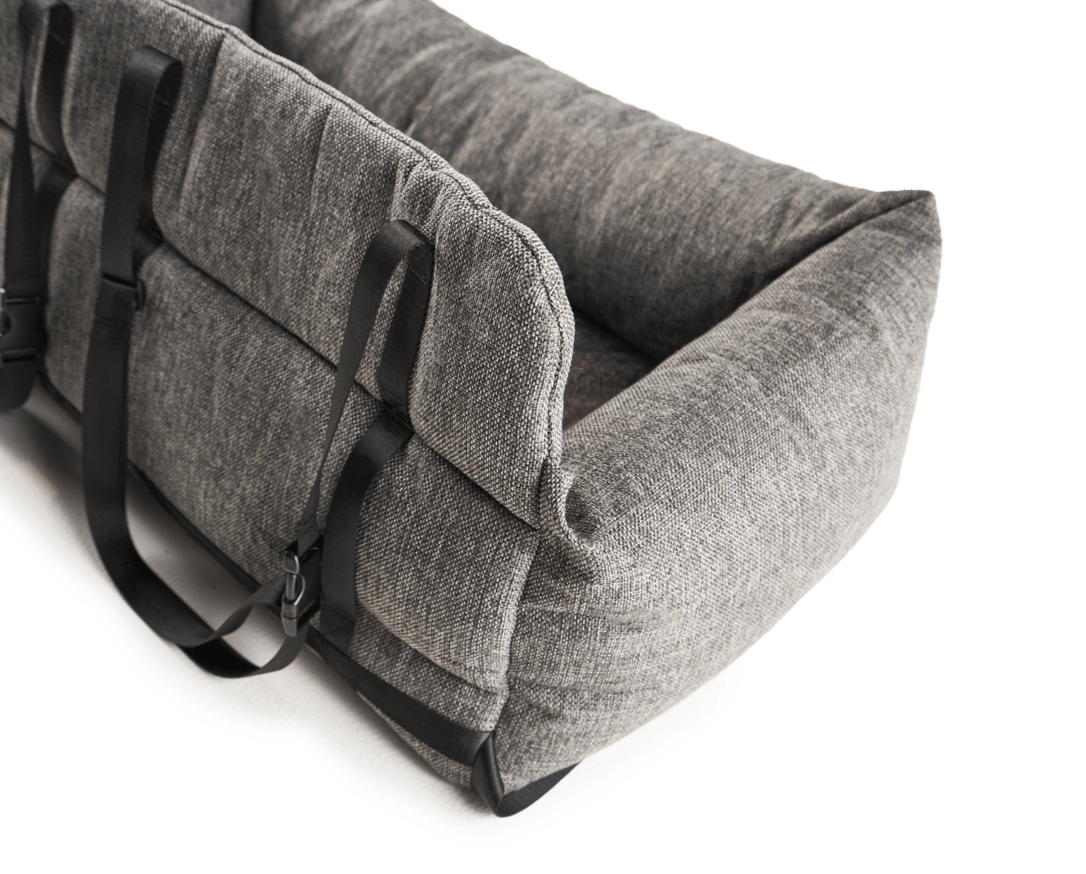 Gray fabric bag with black straps on a white background