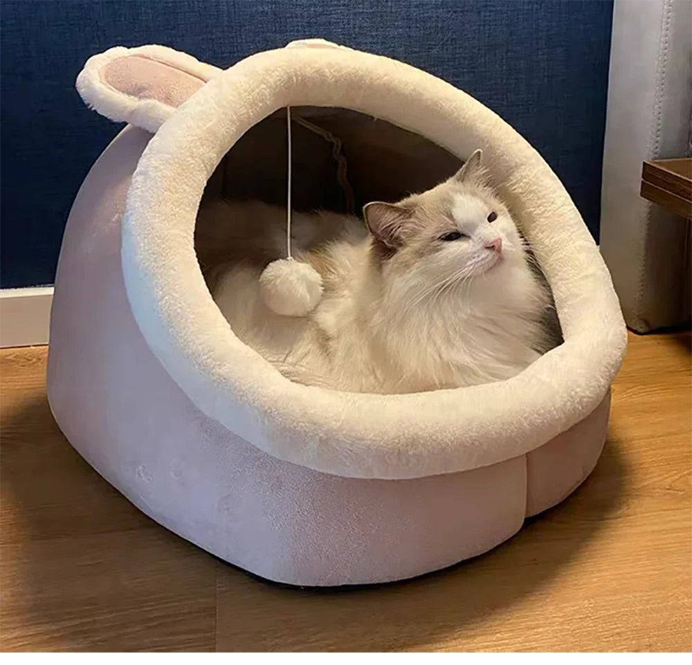 Petloom plush cat cave bed with pom pom for indoor cats
