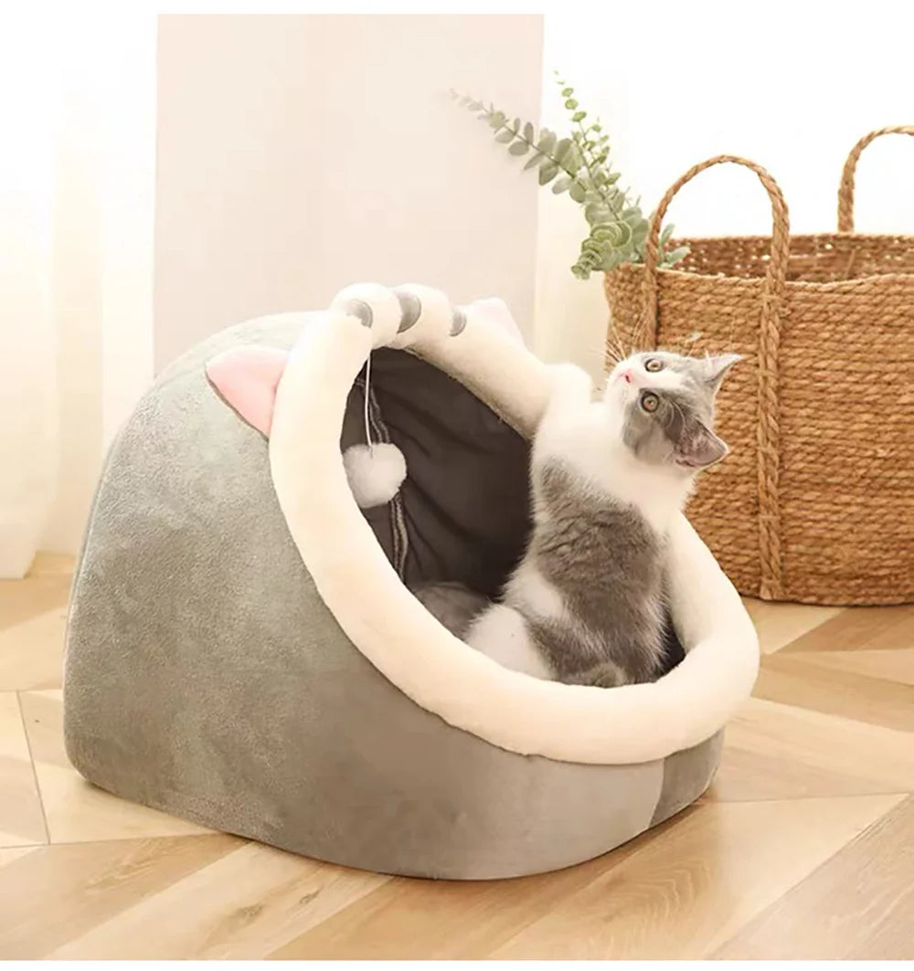 Petloom plush cat cave bed with pom pom for indoor cats
