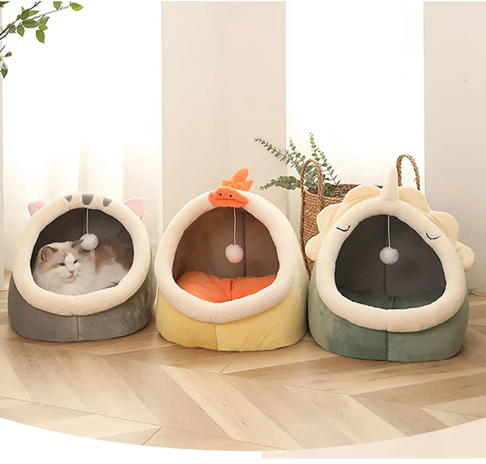 Petloom plush cat cave bed with pom pom for indoor cats
