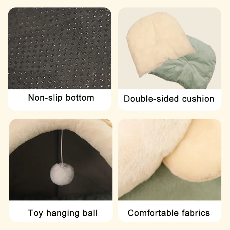 Petloom plush cat cave bed with pom pom for indoor cats
