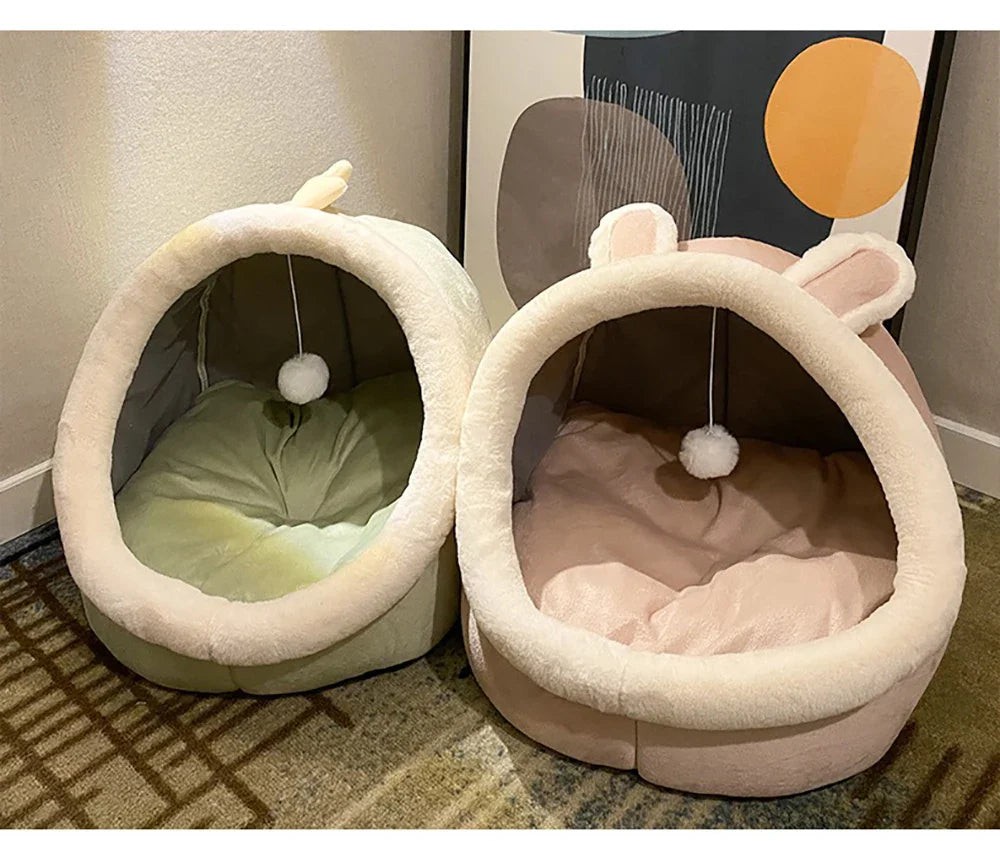 Petloom plush cat cave bed with pom pom for indoor cats