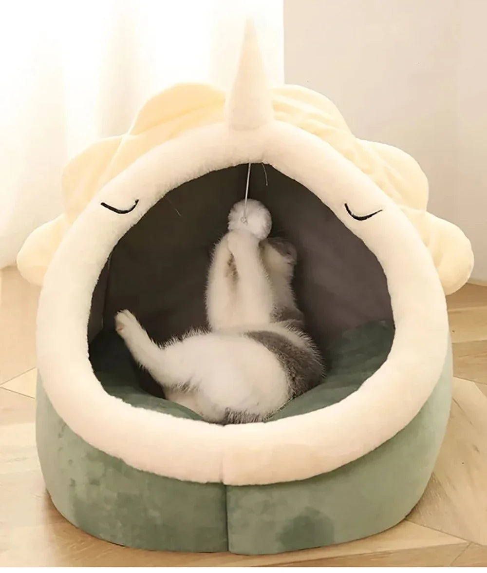 Petloom plush cat cave bed with pom pom for indoor cats
