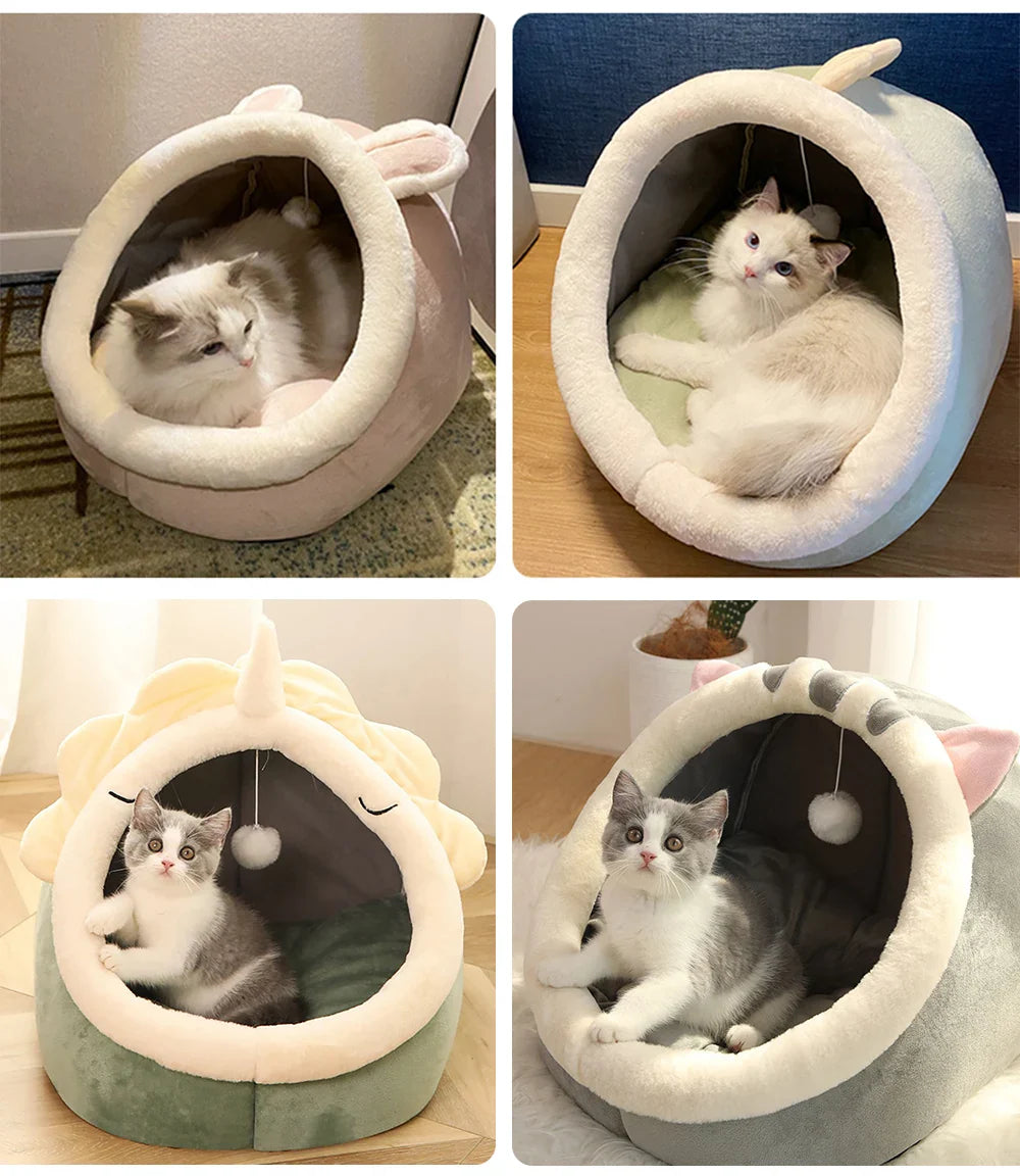 Petloom plush cat cave bed with pom pom for indoor cats
