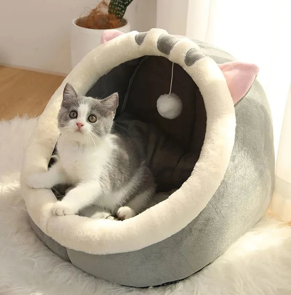 Petloom plush cat cave bed with pom pom for indoor cats

