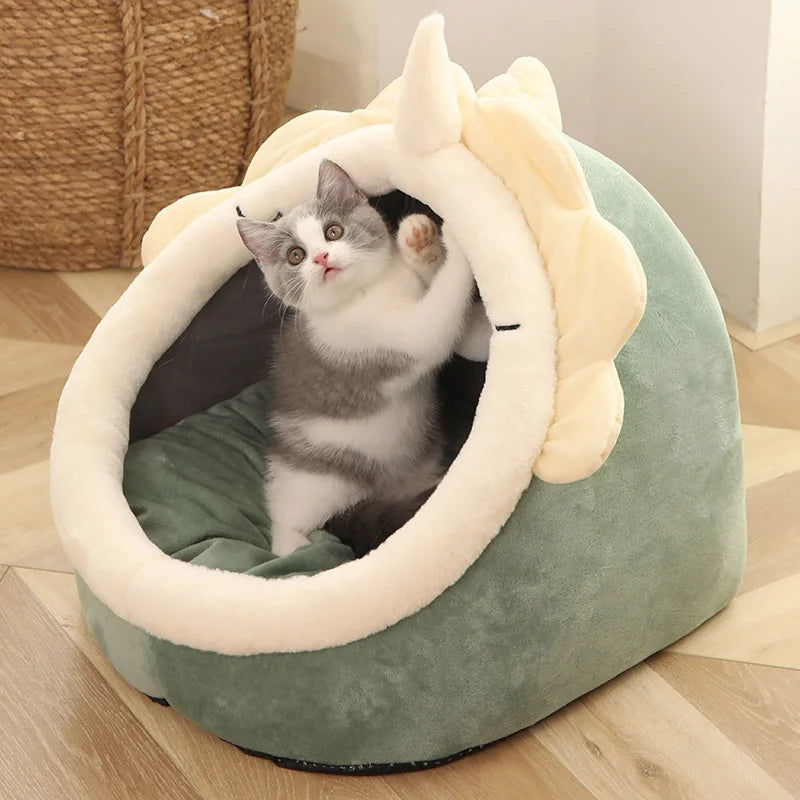 Petloom plush cat cave bed with pom pom for indoor cats
