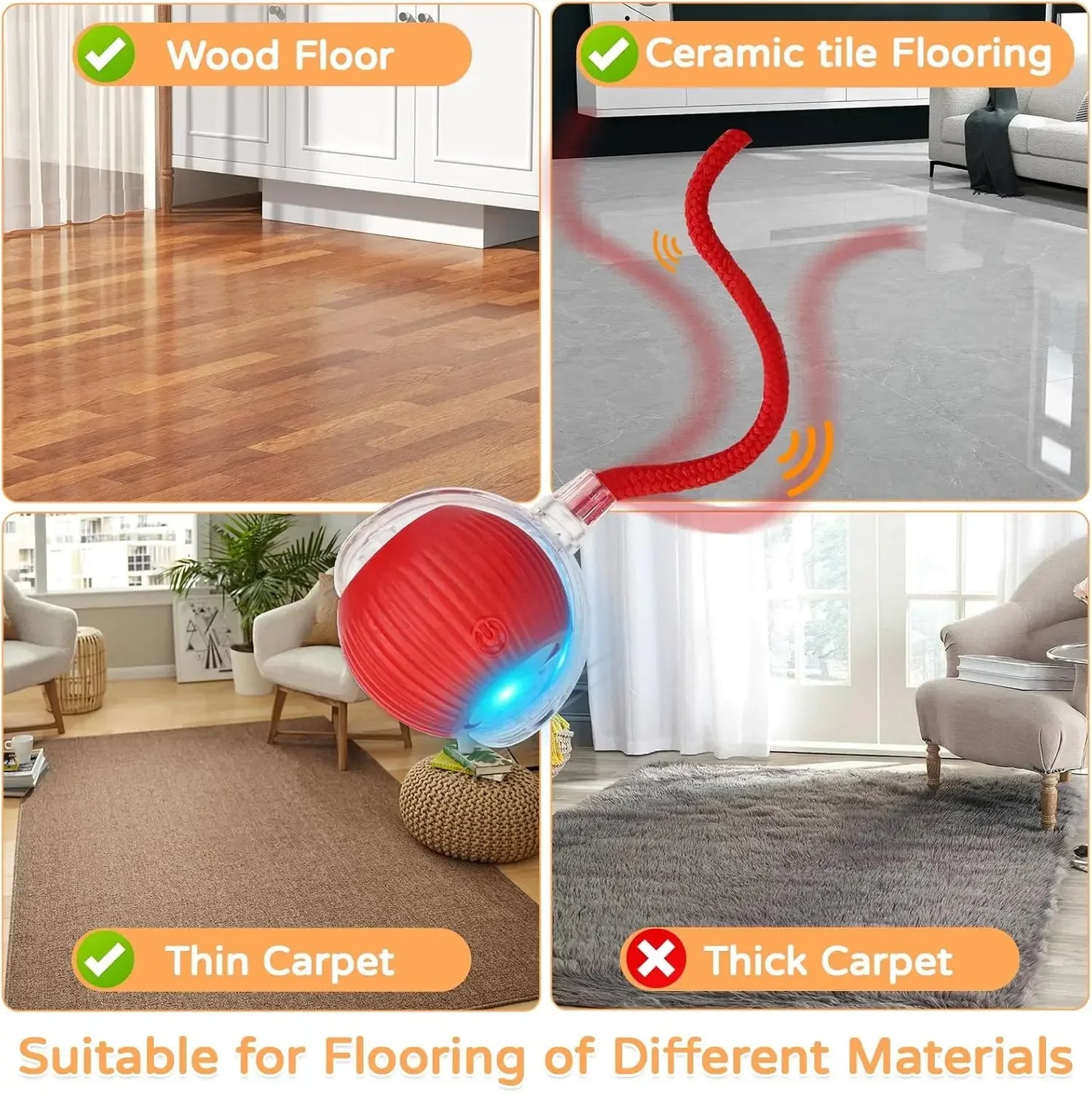 Collage of flooring types with a floor heating device, suitable for different flooring materials.