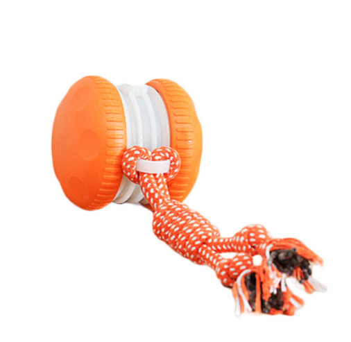 Orange and white rope toy with a yoyo-like top on a white background