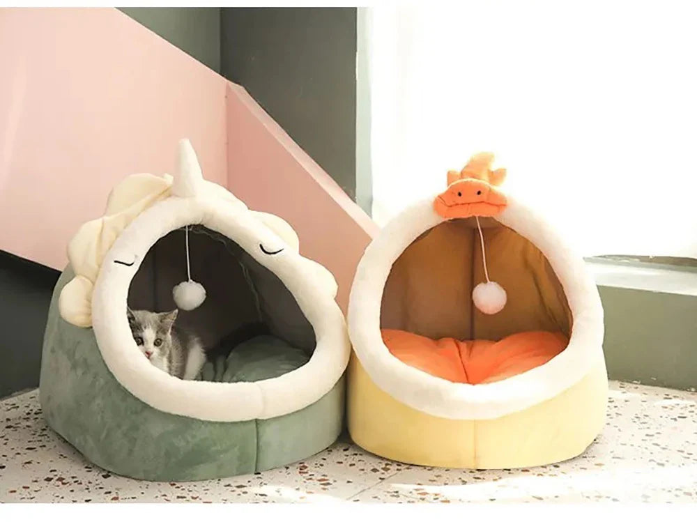 Petloom plush cat cave bed with pom pom for indoor cats

