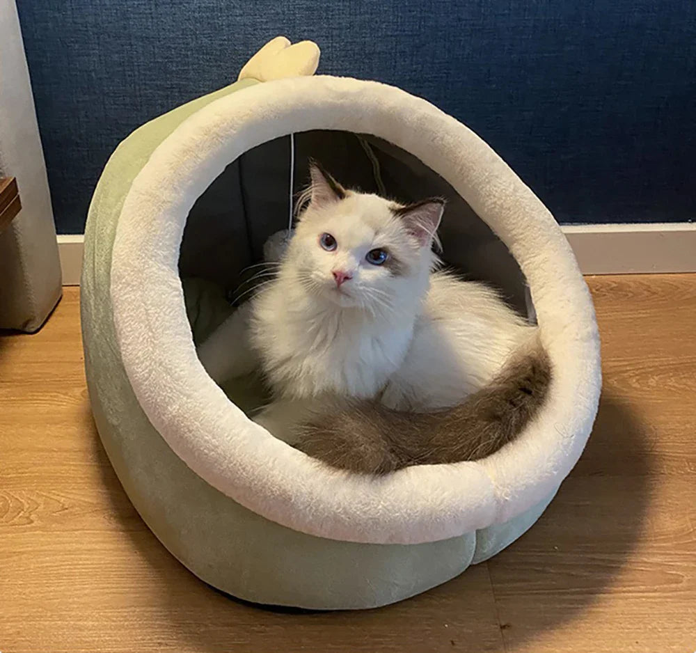 Petloom plush cat cave bed with pom pom for indoor cats
