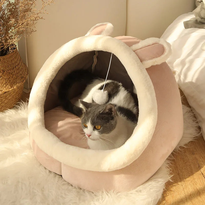 Petloom plush cat cave bed with pom pom for indoor cats
