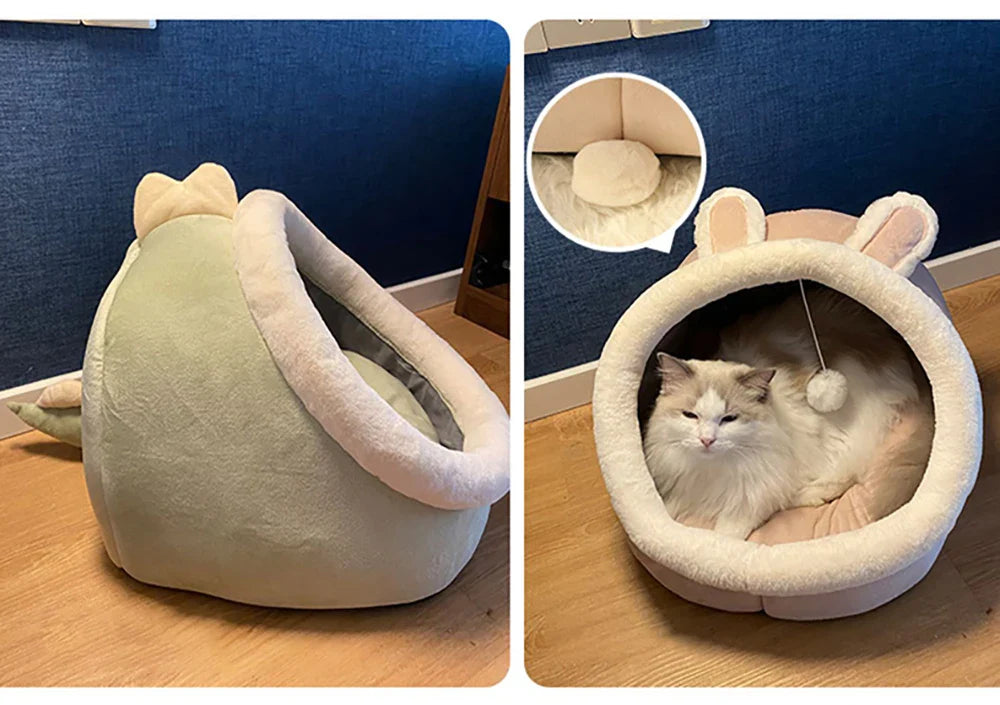 Petloom plush cat cave bed with pom pom for indoor cats